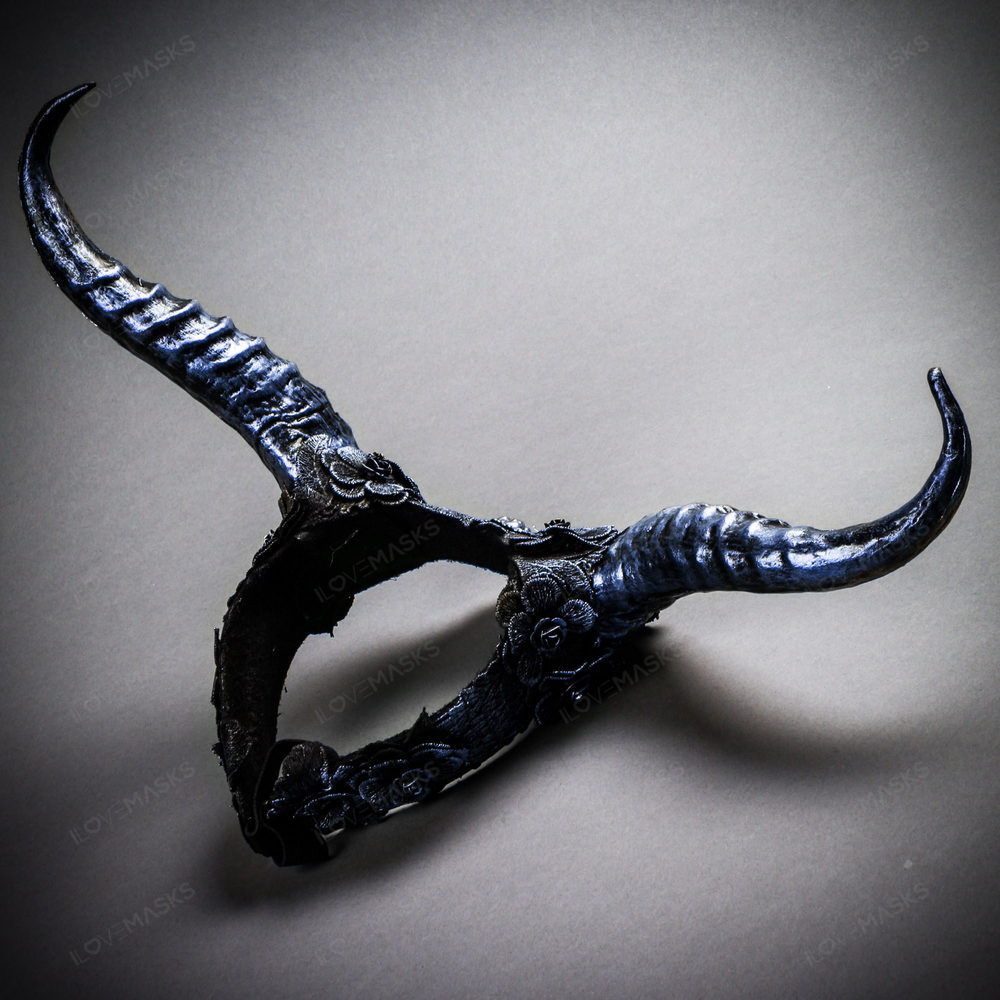 Gothic Demon Long Horn with Lace Head Piece - Black Blue - Picture 4 of 5